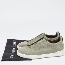 Pre Owned Ermenegildo Zegna Olive Green Denim Triple Stitch Low Top Sneakers Size 42.5