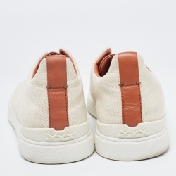 Pre Owned Ermenegildo Zegna Cream/Brown Canvas Triple Stitch Low Top Sneakers Size 42.5