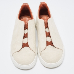 Pre Owned Ermenegildo Zegna Cream/Brown Canvas Triple Stitch Low Top Sneakers Size 42.5