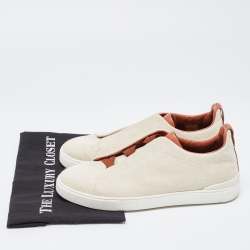 Pre Owned Ermenegildo Zegna Cream/Brown Canvas Triple Stitch Low Top Sneakers Size 42.5