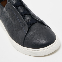 Pre Owned Ermenegildo Zegna Black/Navy Blue Leather and Suede Triple Stitch Slip-On Sneakers Size 43