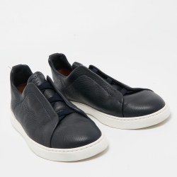 Pre Owned Ermenegildo Zegna Black/Navy Blue Leather and Suede Triple Stitch Slip-On Sneakers Size 43