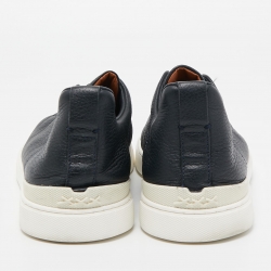 Pre Owned Ermenegildo Zegna Black/Navy Blue Leather and Suede Triple Stitch Slip-On Sneakers Size 43