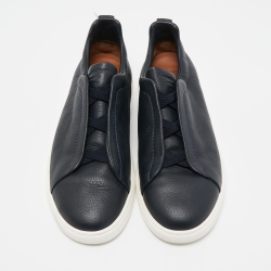 Pre Owned Ermenegildo Zegna Black/Navy Blue Leather and Suede Triple Stitch Slip-On Sneakers Size 43