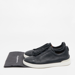 Pre Owned Ermenegildo Zegna Black/Navy Blue Leather and Suede Triple Stitch Slip-On Sneakers Size 43