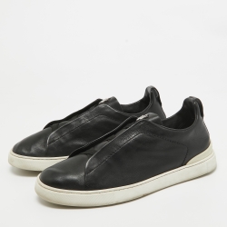 Ermenegildo Zegna Black Leather Triple Stitch Low Top Sneakers Size 42