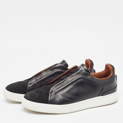 Pre Owned Ermenegildo Zegna Black Leather Triple Stitch Low Top Sneakers Size 42.5