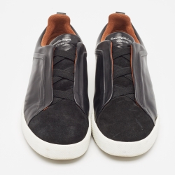 Pre Owned Ermenegildo Zegna Black Leather Triple Stitch Low Top Sneakers Size 42.5