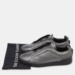 Pre Owned Ermenegildo Zegna Metallic Grey Leather Triple Stitch Sneakers Size 43