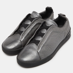 Pre Owned Ermenegildo Zegna Metallic Grey Leather Triple Stitch Sneakers Size 43