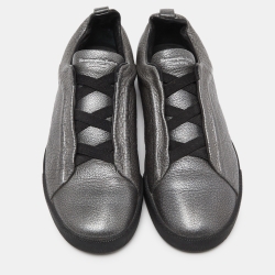 Pre Owned Ermenegildo Zegna Metallic Grey Leather Triple Stitch Sneakers Size 43