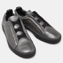 Pre Owned Ermenegildo Zegna Metallic Grey Leather Triple Stitch Sneakers Size 43