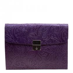 Pre Owned Etro Purple Paisley Embossed Leather Document Case