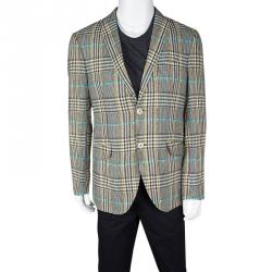 Pre Owned Etro Multicolor Linen Glen Plaid Superleggera Blazer L