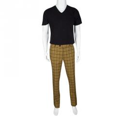 Pre Owned Etro Mustard Checked Wool Panama Slim Fit Trousers L