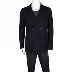 Pre Owned Etro Navy Blue Wool Blend Chalk Striped Double Breasted Blazer M