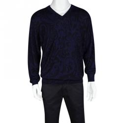 Pre Owned Etro Navy Blue Contrast Print V-Neck Sweater XXL