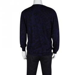 Pre Owned Etro Navy Blue Contrast Print V-Neck Sweater XXL