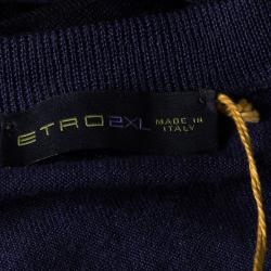 Pre Owned Etro Navy Blue Contrast Print V-Neck Sweater XXL