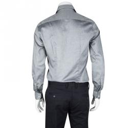 Pre Owned Etro Grey Cotton Printed Pintucked Yoke Detail Long Sleeve Tuxedo Shirt M