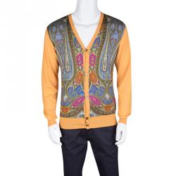 Pre Owned Etro Orange Paisley Printed Button Front Cardigan L