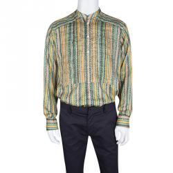 Pre Owned Etro Multicolor Striped Printed Cotton Pintuck Detail Mandarin Collar Shirt L