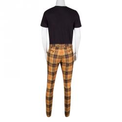 Pre Owned Etro Tan Brown Plaid Checked Wool Cuba Slim Fit Trousers M
