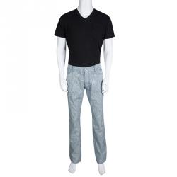 Pre Owned Etro Indigo and White Striped and Printed Denim Straight Fit Jeans XXL