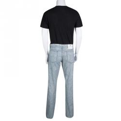 Pre Owned Etro Indigo and White Striped and Printed Denim Straight Fit Jeans XXL