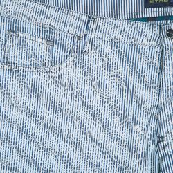 Pre Owned Etro Indigo and White Striped and Printed Denim Straight Fit Jeans XXL