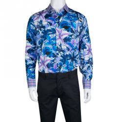 Pre Owned Etro Multicolor Floral Printed Cotton Checked Collar and Cuff Detail Shirt L