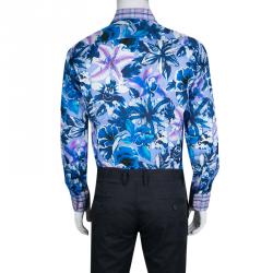 Pre Owned Etro Multicolor Floral Printed Cotton Checked Collar and Cuff Detail Shirt L