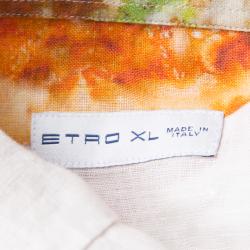 Pre Owned قميص إيترو كتان توم أزرار أمامية مكسم قصة إعتيادية طباعة بيتزا أبيض XL