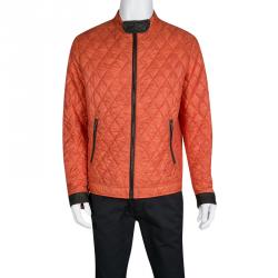 Pre Owned Etro Orange Paisley Print Diamond Quilted Leather Trim Zip Front Nylon Jacket L 