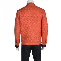 Pre Owned Etro Orange Paisley Print Diamond Quilted Leather Trim Zip Front Nylon Jacket L 