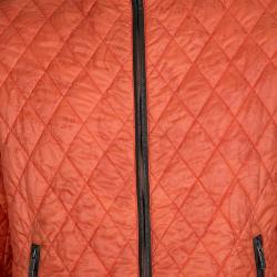 Pre Owned Etro Orange Paisley Print Diamond Quilted Leather Trim Zip Front Nylon Jacket L 