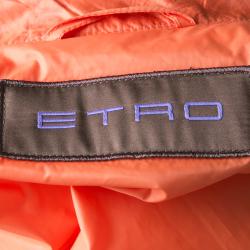 Pre Owned Etro Orange Paisley Print Diamond Quilted Leather Trim Zip Front Nylon Jacket L 