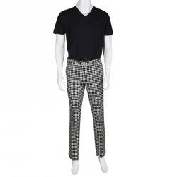 Pre Owned Etro Monochrome Gingham Checked Wool Panama Slim Fit Trousers L