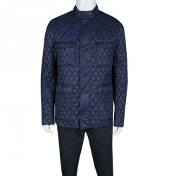 Pre Owned Etro Navy Blue and Black Paisley Print Diamond Quilted Jacket XL