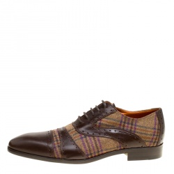 Pre Owned Etro Brown Leather and Checkered Tweed Lace Up Oxfords Size 40.5