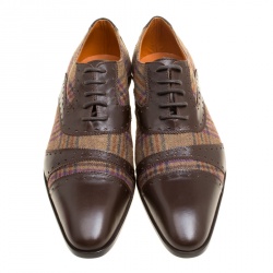 Pre Owned Etro Brown Leather and Checkered Tweed Lace Up Oxfords Size 40.5
