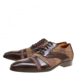 Pre Owned Etro Brown Leather and Checkered Tweed Lace Up Oxfords Size 40.5
