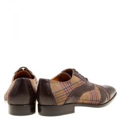 Pre Owned Etro Brown Leather and Checkered Tweed Lace Up Oxfords Size 40.5