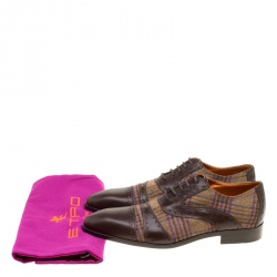 Pre Owned Etro Brown Leather and Checkered Tweed Lace Up Oxfords Size 40.5