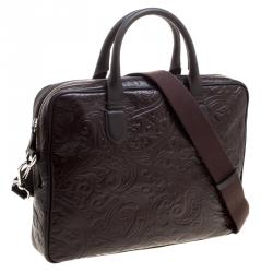 Pre Owned Etro Brown Paisley Embossed Leather Laptop Bag