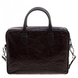 Pre Owned Etro Brown Paisley Embossed Leather Laptop Bag