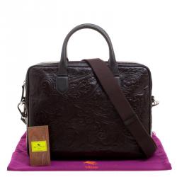Pre Owned Etro Brown Paisley Embossed Leather Laptop Bag