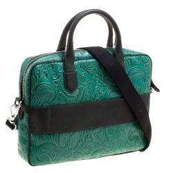 Pre Owned Etro Green Paisley Embossed Leather Laptop Bag