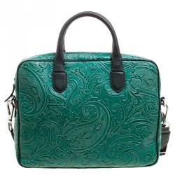 Pre Owned Etro Green Paisley Embossed Leather Laptop Bag