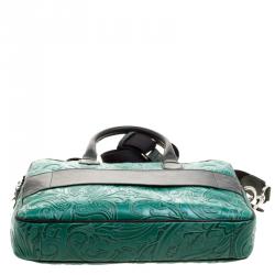 Pre Owned Etro Green Paisley Embossed Leather Laptop Bag